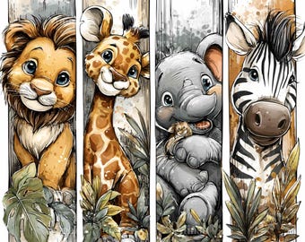 15 PNG Safari Nursery Clipart Set – Lion Giraffe Elephant Zebra Panels, Neutral Jungle Baby