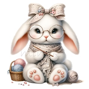 15 PNG Clipart di coniglietto all'uncinetto - Simpatico coniglio con filato e occhiali - PNG di animali pastello per bambini, artigianato e decorazioni per la cameretta dei bambini