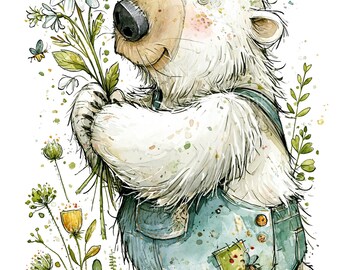 14 PNG Spring Bear Watercolor Daisy Flower Clipart Overalls Art