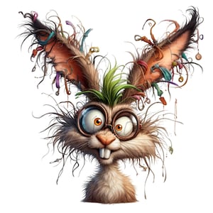 10 grappige png-clipart konijn met wild haar, bril en verwarde oren, eigenzinnige konijnenkunst voor humor en stickers