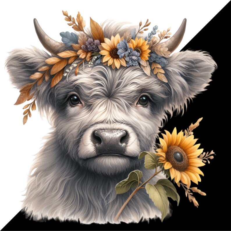 May include: A white and gray Highland cow with a floral crown of yellow sunflowers, blue flowers, and brown leaves. The cow is looking directly at the camera with a sweet expression. A sunflower with yellow petals and a brown center is in the foreground.