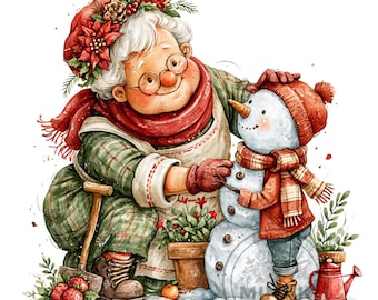 14 Grand-mère construisant un bonhomme de neige PNG Jardin d'hiver Aquarelle Clipart