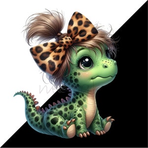 Dinosaurie-clip art, 10 PNG-kladdig bulle, dinosaurieflicka-clipart, rolig djur-clipart, utskrivbar leopardmönster-rosett för barnrum, DIY-korttillverkning bild 6