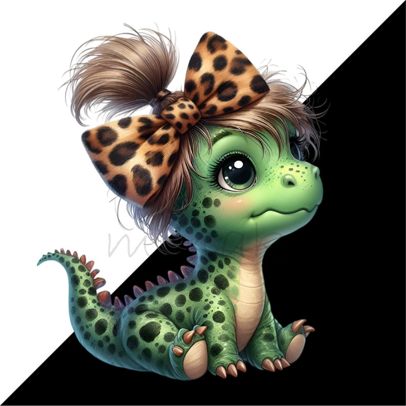 Dinosaurie-clip art, 10 PNG-kladdig bulle, dinosaurieflicka-clipart, rolig djur-clipart, utskrivbar leopardmönster-rosett för barnrum, DIY-korttillverkning bild 6