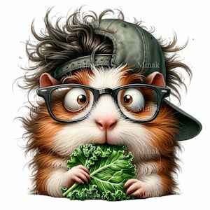 Cochon d'Inde original avec des lunettes et une casquette en train de manger de la laitue PNG Clipart, 12 illustration d'art numérique drôle de cochon d'Inde