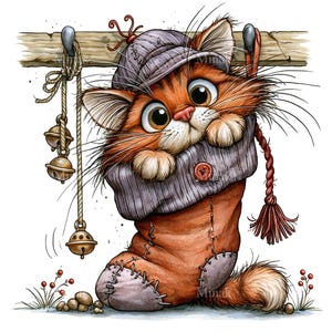 May include: A fluffy orange kitten with large dark eyes wears a grey knit cap and peeks out from a brown stocking with stitched patches. The stocking hangs from a wooden hook alongside a string of three brass bells and a red tassel.