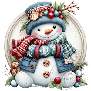 Op de afbeelding: Een sneeuwpopillustratie met een blauwe gebreide muts met een knoop, een rood-wit gestreepte sjaal en een blauw jasje met knopen. De sneeuwpop heeft een wortelneus, roze wangen en is omringd door hulstbessen, bladeren en walnoten.