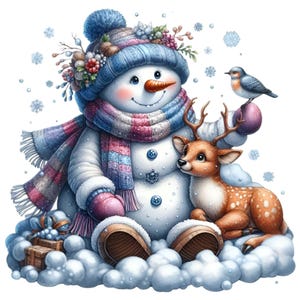 15 PNG Snowman deer clipart – Winter snow PNG – Cute holiday animal art, kids room print, snowy scene, festive digital download