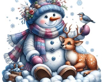 15 PNG Winter Snowman with Deer Christmas Forest Clipart