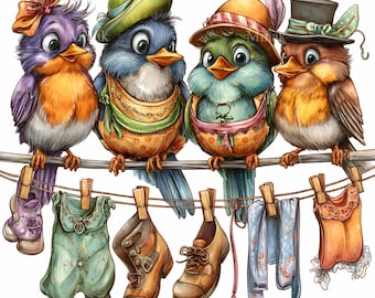 15 PNG Birds On Clothesline Laundry Garden Wildlife Sublimation Print