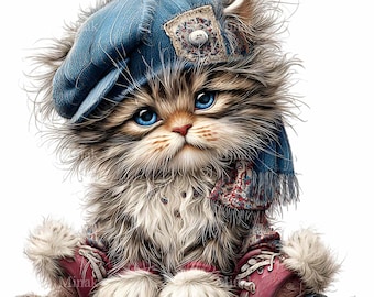 10 PNG Fluffy Kitten Blue Eye Cat Clipart, Scarf Cap Graphic Sublimation