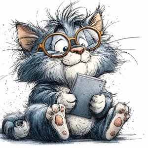 May include: A whimsical illustration of a blue and gray cat wearing round, orange-rimmed glasses and holding a gray notepad. The cat has a fluffy appearance and is sitting down. The artwork has a hand-drawn style with ink splatters.