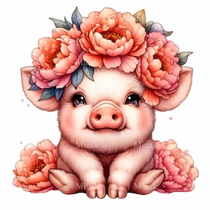10 imágenes prediseñadas de cerdo: un lindo cerdito de ojos grandes sentado, con una corona de peonías rosas y rodeado de flores.