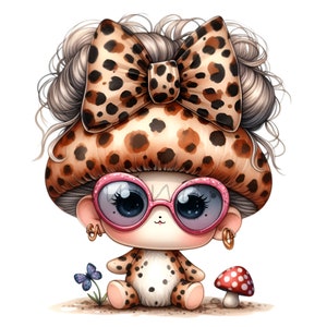 15 PNG mignon imprimé léopard fille Clipart, gros noeud, lunettes roses, champignon, papillon, forêt bébé PNG pour décoration de chambre d'enfant, sublimation