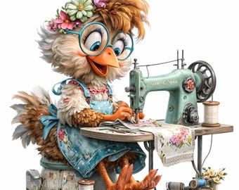 16 PNG Sewing Chicken Clipart – Craft Hen Illustration, Tailor Bird for Shirts, Mugs, Stickers