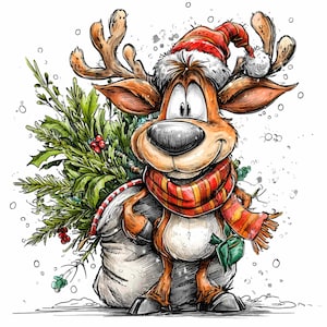 12 PNG Christmas Reindeer Clipart – Cute Holiday Deer PNG – Festive Character with Tree Bag for Winter Cards, Stickers, Sublimation