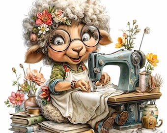 15 PNG Sewing Sheep Vintage Crafting Lamb Clipart, Quilt Maker