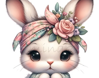 10 PNG Floral Bunny PNG, Rabbit Head wrap Clipart, Rose Flower Sublimation