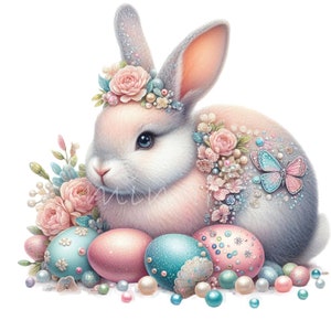 Rabbit Clipart, Easter Eggs Clip Art, 12 PNG Bunny Watercolor Pastel Colors, Nursery Decor Party Printable, DIY Card Making, Mug Sublimation