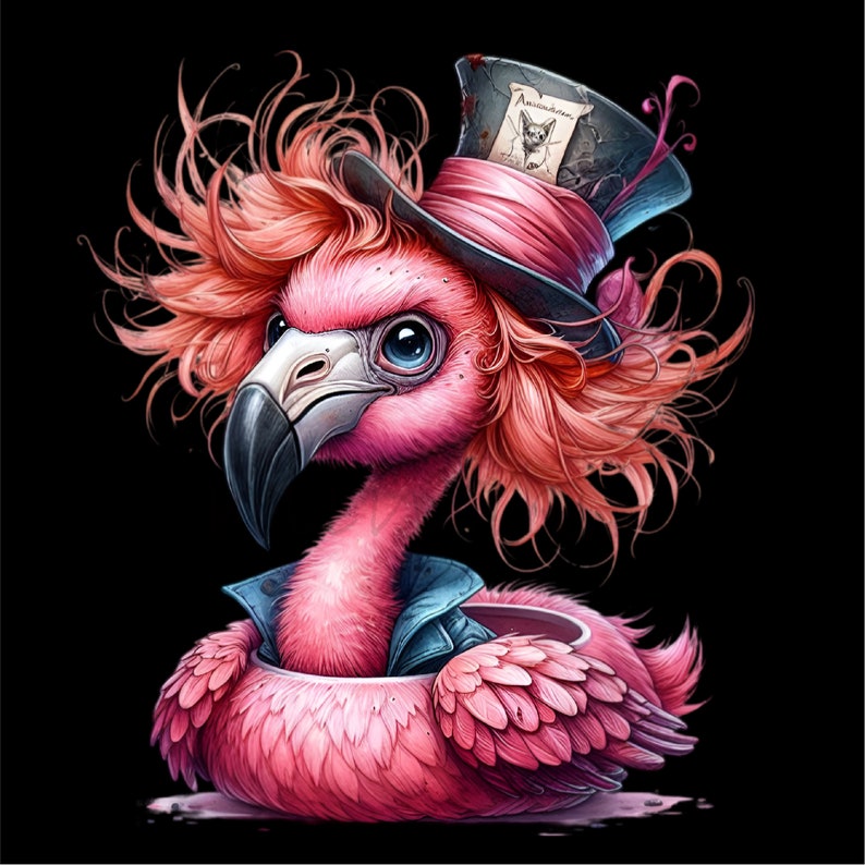 K&ouml;nnte beinhalten: Eine skurrile Illustration eines rosa Flamingos mit Zylinder, kleiner Illustration und dem Wort "Anima". Der Flamingo hat blaue Augen, einen schwarzen Schnabel und eine blaue Jacke. Der Hintergrund ist schwarz.