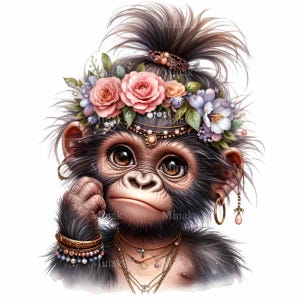 12 PNG Clipart di scimmietta – Carino animale PNG – Illustrazione della giungla con corona floreale per decorazioni per la cameretta dei bambini, adesivi, arte murale, artigianato