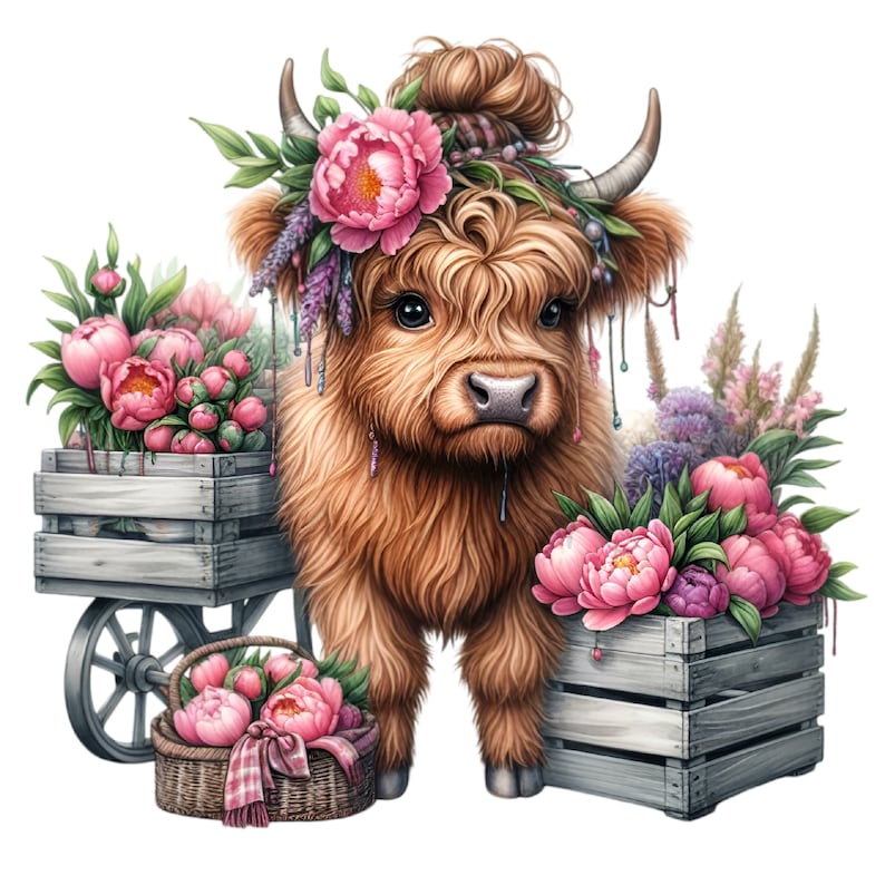 K&ouml;nnte beinhalten: Eine braune Highland-Kuh mit einer Blumenkrone aus rosa Pfingstrosen und lila Bl&uuml;ten. Die Kuh steht vor zwei Holzkisten, die mit rosa Pfingstrosen gef&uuml;llt sind. Eine Kiste ist auf R&auml;dern und die andere steht auf dem Boden.