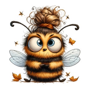 10 Cute Bee PNG Clipart, Fluffy Bee with Big Eyes and Messy Hair Bun Surrounded by Leaves, Autumn Insect Digital Download
