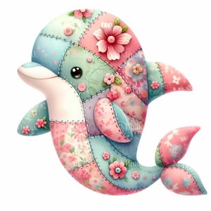 12 cliparts PNG dauphins patchwork, dauphin floral mignon avec boutons et points de suture, téléchargement numérique animal pastel