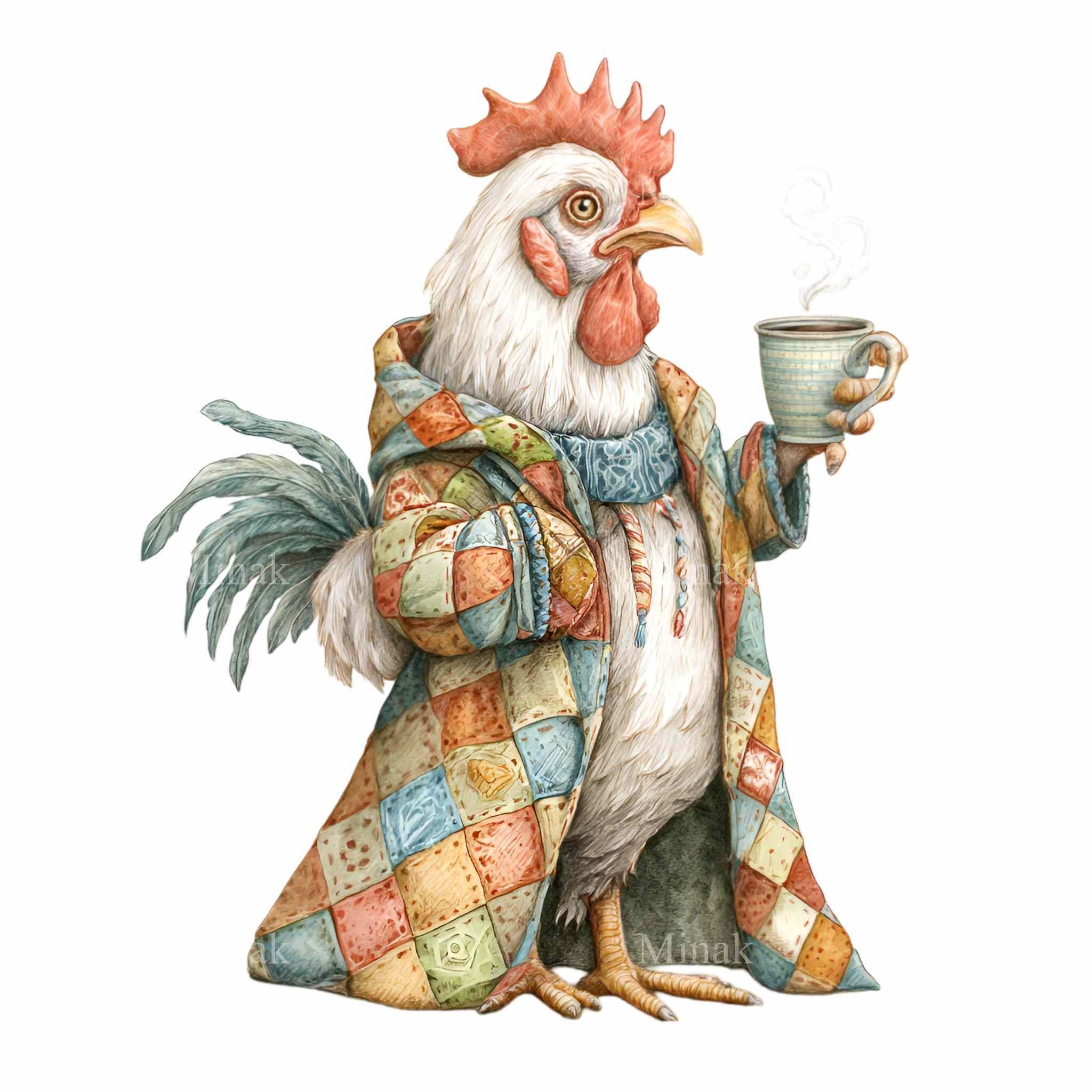 Rooster Robe 16 PNG Chicken in Robe Clipart, Funny Hen Drinking Coffee, Patchwork ...