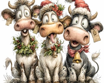 15 Weihnachtskühe-Cliparts, lustige festliche Kuh-Weihnachtsmannmützen-Kranz-PNG-Grafiken