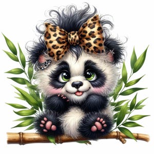 12 png-panda luipaardboog – schattige punkpanda png-clipart – bamboe jungledier met houding voor meisjeskamerdecoratie, stickers en ambachten