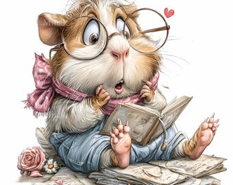 15 PNG Guinea Pig Reading Book Clipart, Glasses Animal Graphic Sublimation