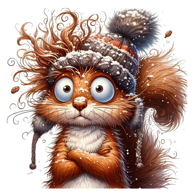 May include: A cartoon squirrel with a brown and gray winter hat and earmuffs. The squirrel has a fluffy tail and is covered in snow. The squirrel has big, round eyes and a surprised expression.