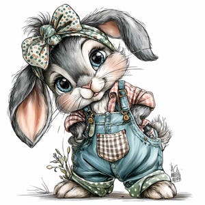 Puede incluir: Una encantadora ilustración de un conejo gris con una diadema de lunares y un peto vaquero. El conejo tiene grandes ojos azules y una camisa a cuadros rosa y roja. El peto tiene un bolsillo a cuadros marrón y blanco.