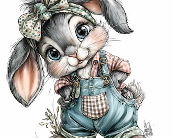 11 PNG Vintage Farm Rabbit Clipart, Rustik Kaninoverall Digital