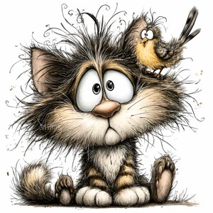 May include: A cartoon illustration of a wide-eyed cat with messy fur, brown and tan stripes, and a concerned expression. A small yellow and brown bird perches on the cat's head. The image has a whimsical, hand-drawn style.