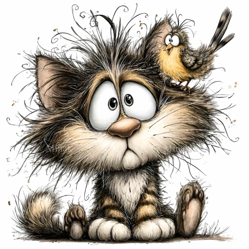 May include: A cartoon illustration of a wide-eyed cat with messy fur, brown and tan stripes, and a concerned expression. A small yellow and brown bird perches on the cat's head. The image has a whimsical, hand-drawn style.