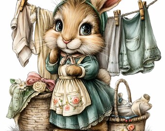 15 PNG Rabbit Clipart Laundry Clothesline Vintage Farm Art