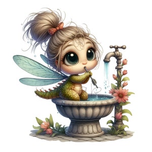 15 png schattig fee draak meisje clipart, cartoon babydraak met vleugels png, magisch wezen bij fontein, fantasie kinderkamer kunst