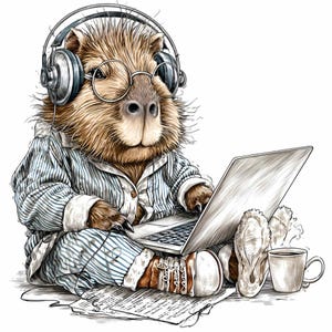 Op de afbeelding: Gedetailleerde illustratie van een capibara met een bril en koptelefoon, die een laptop gebruikt. De capibara draagt een gestreepte pyjama en pantoffels, met een kopje koffie en papieren. De afbeelding heeft een handgetekende stijl.