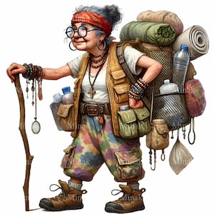 12 cliparts PNG grand-mère de randonnée drôle avec sac à dos, canne, lunettes, bandana et équipement de camping – téléchargement numérique