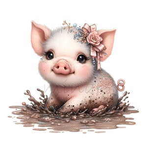Könnte beinhalten: Ein rosa Ferkel mit einer rosa Schleife und glitzernden Details spielt in einer Pfütze. Das Ferkel hat einen süßen Gesichtsausdruck.