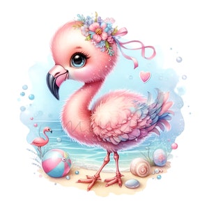 15 PNG Beach Flamingo Clipart – Cute Pink Bird PNG with Flowers and Seashells – Summer Animal Art for Kids Crafts and Sublimation