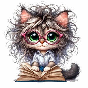 12 imágenes prediseñadas de gato leyendo (PNG): gatito nerd (PNG): arte animal divertido para amantes de los libros para decoración de estudiantes, pegatinas para agendas, tazas o regalos para profesores.