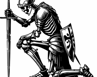 4 Scheletri di cavalieri inginocchiati in formato SVG, file vettoriale per taglio di scudi con stemma medievale, arte fantasy