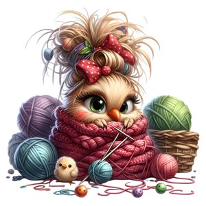 May include: A cute cartoon chick with a red bow in her hair is wrapped in a pink knitted scarf and holding knitting needles. She is surrounded by balls of yarn in various colors, including purple, green, blue, and pink.