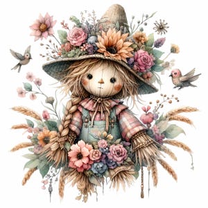 15 cliparts PNG mignon épouvantail avec chapeau floral et oiseaux | Illustration de fille de récolte d'automne | Téléchargement numérique instantané
