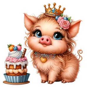 10 Royal Knorretje PNG-clipart - schattig varken met kroon, krullend haar en cake - digitale download