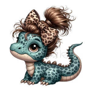 Dinosaurie-clip art, 10 PNG-kladdig bulle, dinosaurieflicka-clipart, rolig djur-clipart, utskrivbar leopardmönster-rosett för barnrum, DIY-korttillverkning bild 3