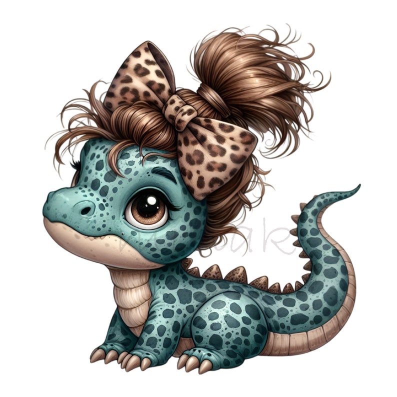 Dinosaurie-clip art, 10 PNG-kladdig bulle, dinosaurieflicka-clipart, rolig djur-clipart, utskrivbar leopardmönster-rosett för barnrum, DIY-korttillverkning bild 3